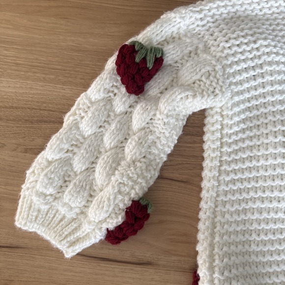 Strawberry Women's Lg Cardigan Sweater White Crochet Open Front Straw Shortcake - Picture 12 of 13